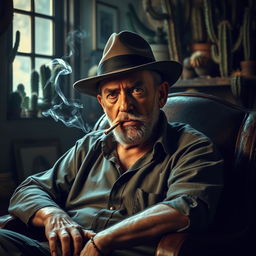 An old male cactus dealer with a rugged visage sits stoically on a weathered chair, exuding an air of authority