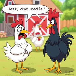 A humorous cartoon scene depicting a chicken looking guilty while being flirtatious with another chicken, with exaggerated facial expressions