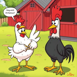 A humorous cartoon scene depicting a chicken looking guilty while being flirtatious with another chicken, with exaggerated facial expressions