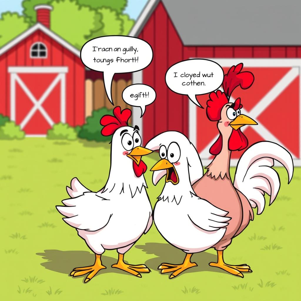 A humorous cartoon scene depicting a chicken looking guilty while being flirtatious with another chicken, with exaggerated facial expressions