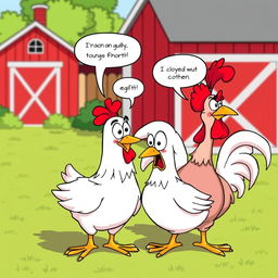 A humorous cartoon scene depicting a chicken looking guilty while being flirtatious with another chicken, with exaggerated facial expressions