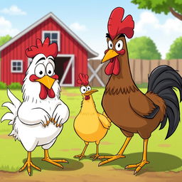 A humorous cartoon scene depicting a chicken looking guilty while being flirtatious with another chicken, with exaggerated facial expressions