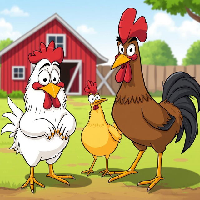 A humorous cartoon scene depicting a chicken looking guilty while being flirtatious with another chicken, with exaggerated facial expressions