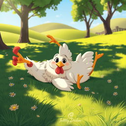 A whimsical scene featuring a lying chicken, sprawled out comfortably on a grassy meadow