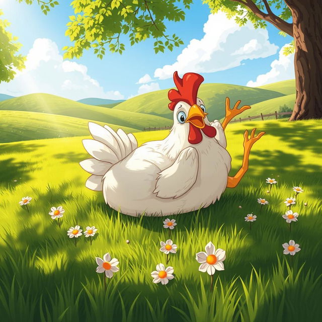 A whimsical scene featuring a lying chicken, sprawled out comfortably on a grassy meadow