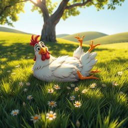 A whimsical scene featuring a lying chicken, sprawled out comfortably on a grassy meadow