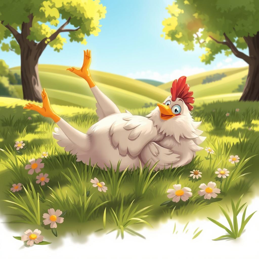 A whimsical scene featuring a lying chicken, sprawled out comfortably on a grassy meadow