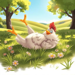 A whimsical scene featuring a lying chicken, sprawled out comfortably on a grassy meadow