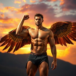 A fascinating scene featuring a strong, muscular man with two majestic wings sprouting from his back