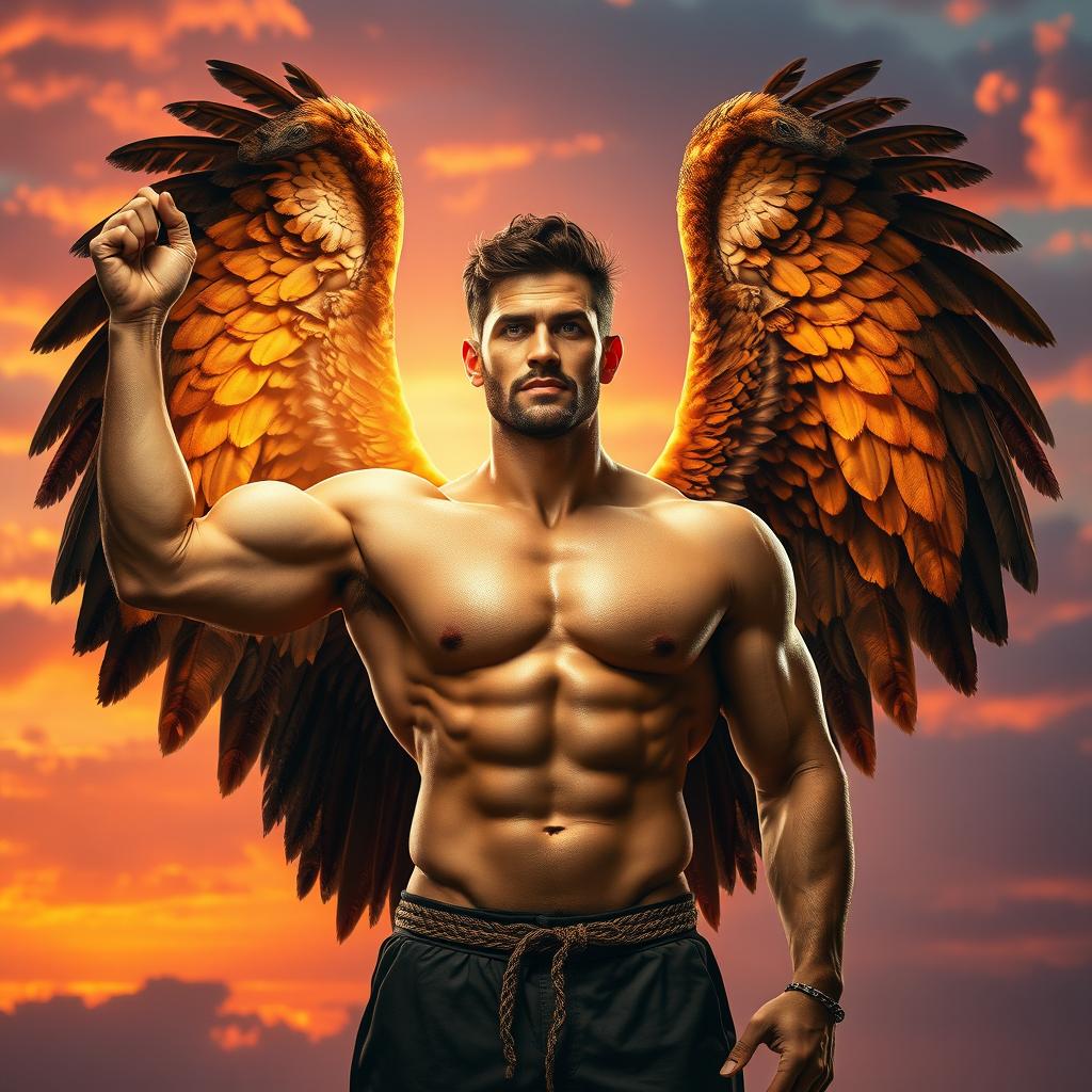 A fascinating scene featuring a strong, muscular man with two majestic wings sprouting from his back