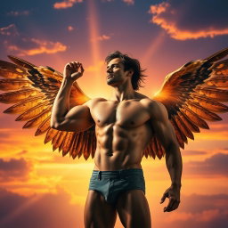 A fascinating scene featuring a strong, muscular man with two majestic wings sprouting from his back