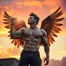 A fascinating scene featuring a strong, muscular man with two majestic wings sprouting from his back