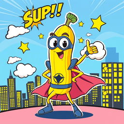 A fun and colorful illustration of a cartoon banana character dressed in a superhero costume, striking a dynamic pose with an excited expression
