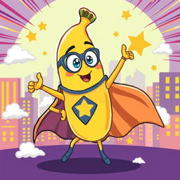 A fun and colorful illustration of a cartoon banana character dressed in a superhero costume, striking a dynamic pose with an excited expression