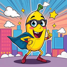 A fun and colorful illustration of a cartoon banana character dressed in a superhero costume, striking a dynamic pose with an excited expression