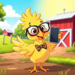 A playful cartoon chicken standing upright while holding a smartphone with its wing