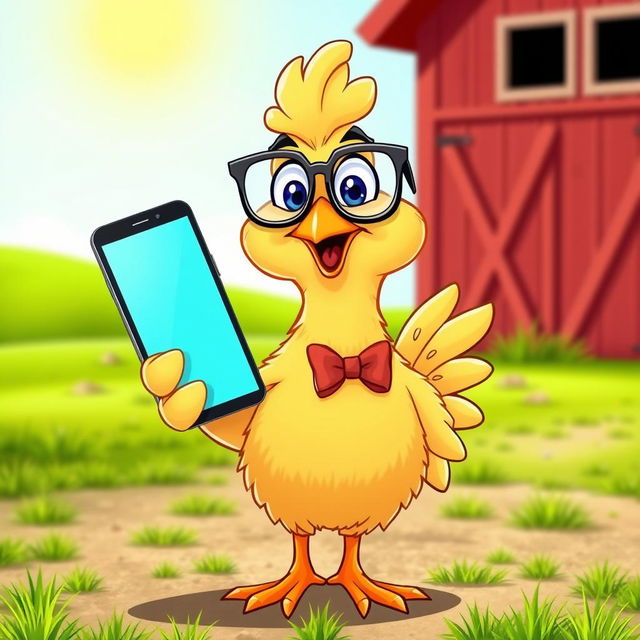 A playful cartoon chicken standing upright while holding a smartphone with its wing