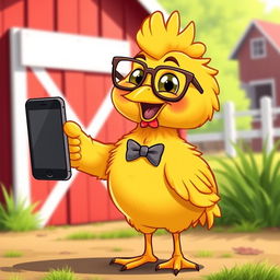 A playful cartoon chicken standing upright while holding a smartphone with its wing