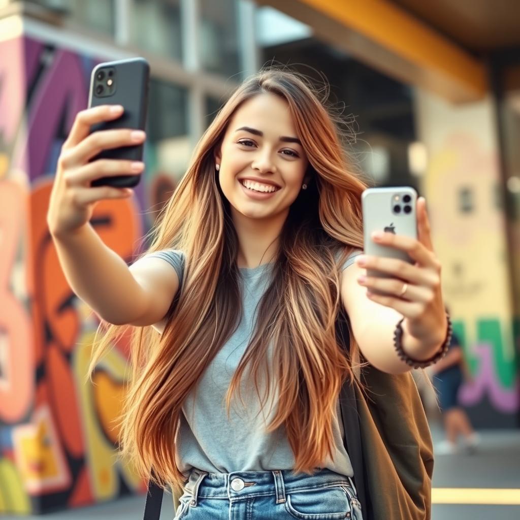 A trendy young woman taking a selfie with her smartphone, smiling brightly