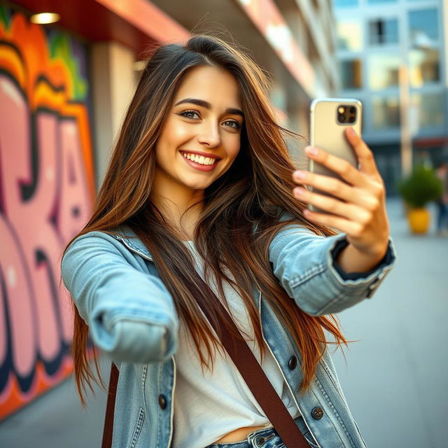 A trendy young woman taking a selfie with her smartphone, smiling brightly