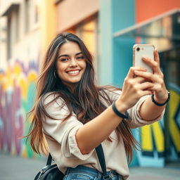 A trendy young woman taking a selfie with her smartphone, smiling brightly