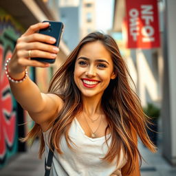 A trendy young woman taking a selfie with her smartphone, smiling brightly