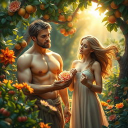 A visually stunning and imaginative portrayal of Adam and Eve in a lush, vibrant garden setting reminiscent of the Garden of Eden