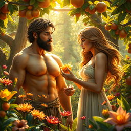 A visually stunning and imaginative portrayal of Adam and Eve in a lush, vibrant garden setting reminiscent of the Garden of Eden