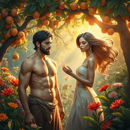 A visually stunning and imaginative portrayal of Adam and Eve in a lush, vibrant garden setting reminiscent of the Garden of Eden