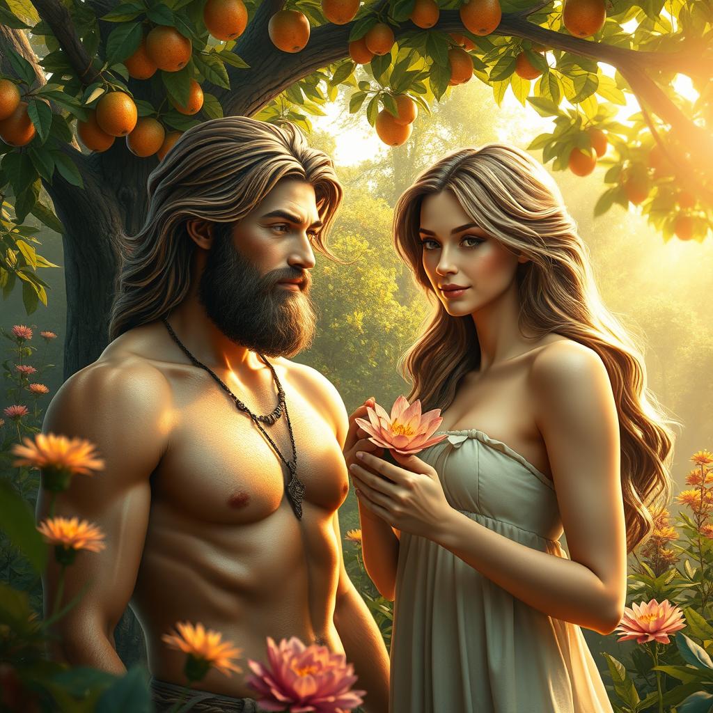 A visually stunning and imaginative portrayal of Adam and Eve in a lush, vibrant garden setting reminiscent of the Garden of Eden