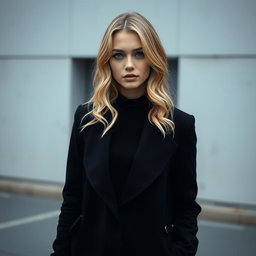 A Russian girl with wavy blonde hair and blue eyes, pale and fair skin, dressed in an all-black outfit featuring a stylish long coat