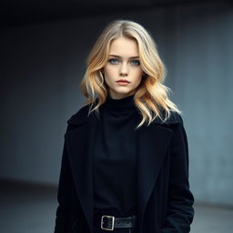 A Russian girl with wavy blonde hair and blue eyes, pale and fair skin, dressed in an all-black outfit featuring a stylish long coat