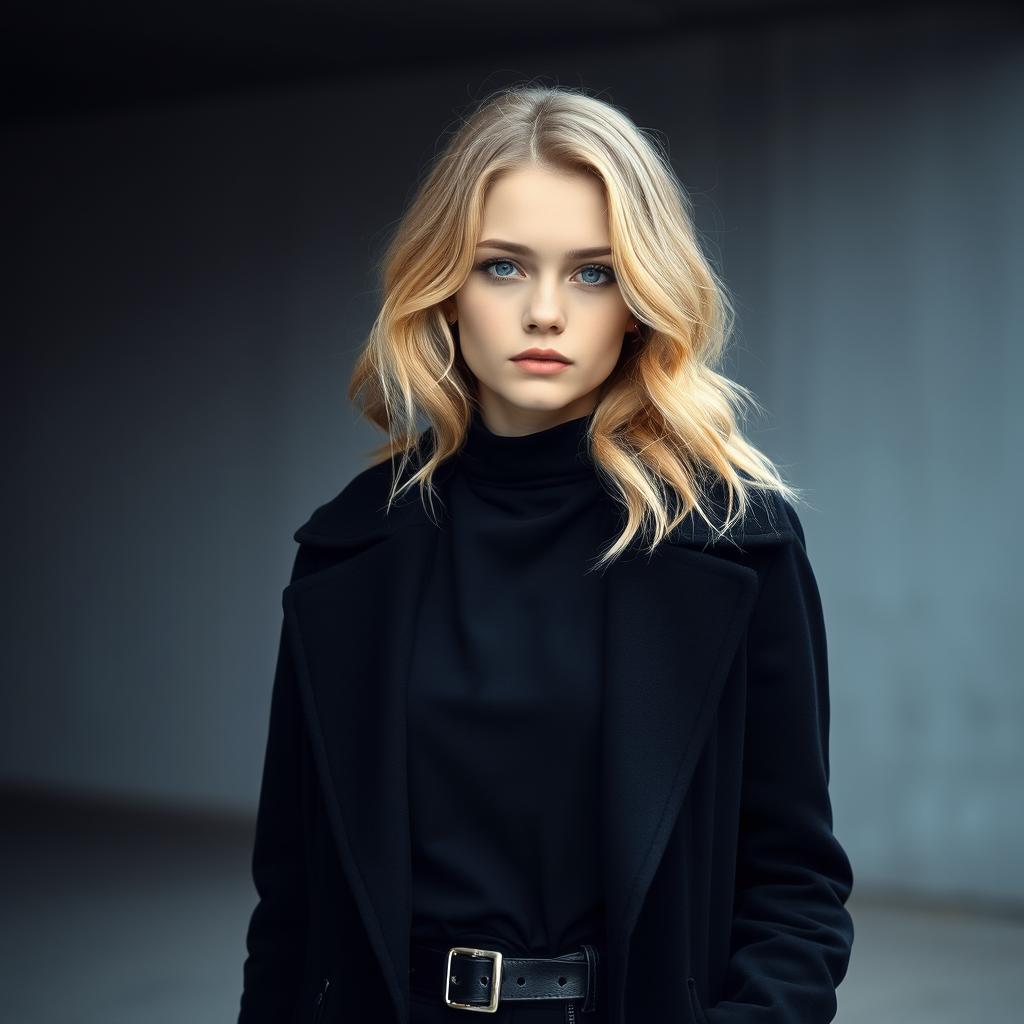 A Russian girl with wavy blonde hair and blue eyes, pale and fair skin, dressed in an all-black outfit featuring a stylish long coat