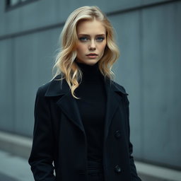 A Russian girl with wavy blonde hair and blue eyes, pale and fair skin, dressed in an all-black outfit featuring a stylish long coat