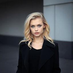 A Russian girl with wavy blonde hair and blue eyes, pale and fair skin, dressed in an all-black outfit featuring a stylish long coat