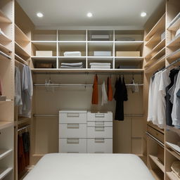 A modern, meticulously designed bedroom featuring a sizeable walk-in closet with organized spaces for clothing and accessories.