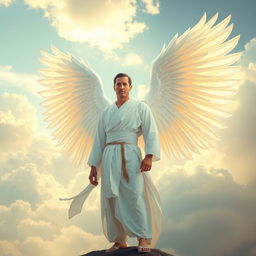 A majestic scene featuring a man with two large, ethereal white wings, standing gracefully
