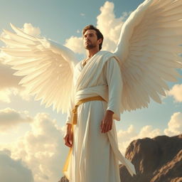 A majestic scene featuring a man with two large, ethereal white wings, standing gracefully