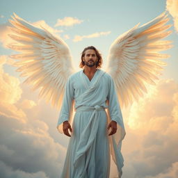 A majestic scene featuring a man with two large, ethereal white wings, standing gracefully