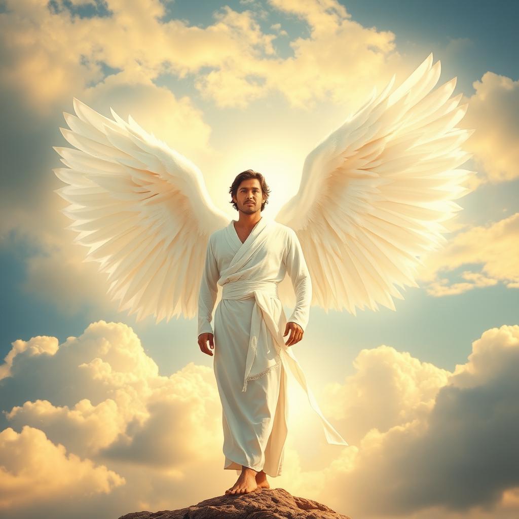 A majestic scene featuring a man with two large, ethereal white wings, standing gracefully