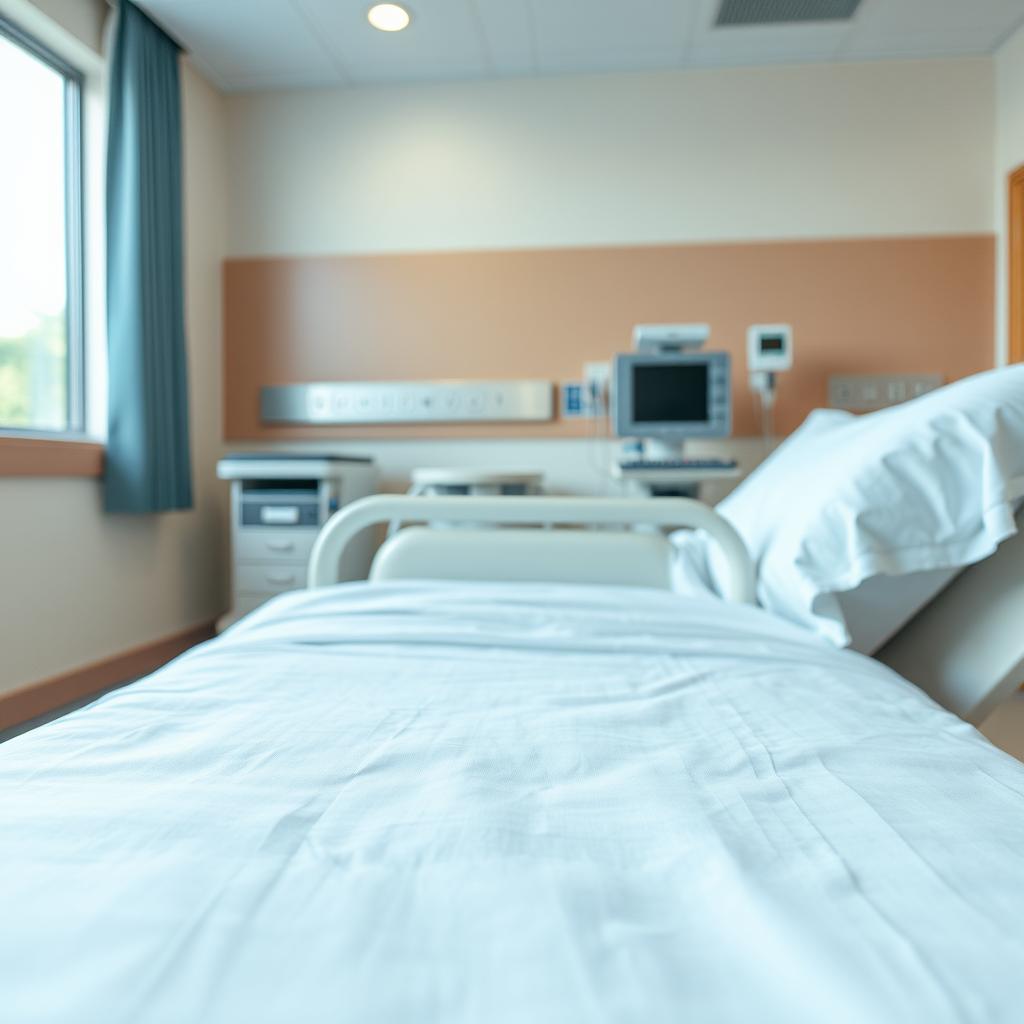 A close-up photograph of a hospital bed positioned in a well-lit hospital room, showcasing the crisp, clean linens and the adjustable features of the bed