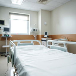 A close-up photograph of a hospital bed positioned in a well-lit hospital room, showcasing the crisp, clean linens and the adjustable features of the bed