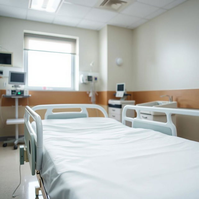 A close-up photograph of a hospital bed positioned in a well-lit hospital room, showcasing the crisp, clean linens and the adjustable features of the bed