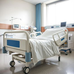 A close-up photograph of a hospital bed positioned in a well-lit hospital room, showcasing the crisp, clean linens and the adjustable features of the bed