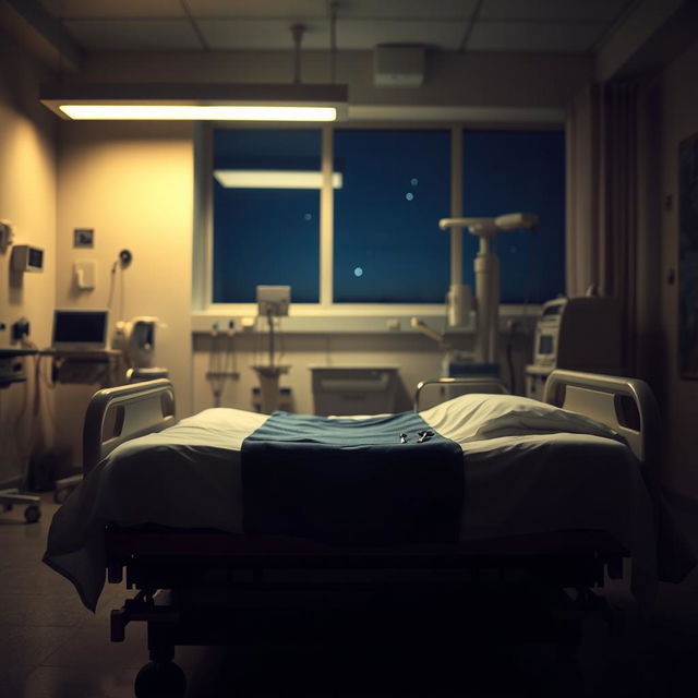 A hospital scene at night featuring a hospital bed in the foreground, illuminated by soft, warm overhead lights creating a calm and serene atmosphere