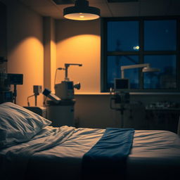 A hospital scene at night featuring a hospital bed in the foreground, illuminated by soft, warm overhead lights creating a calm and serene atmosphere