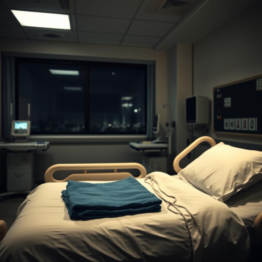 A hospital scene at night featuring a hospital bed in the foreground, illuminated by soft, warm overhead lights creating a calm and serene atmosphere