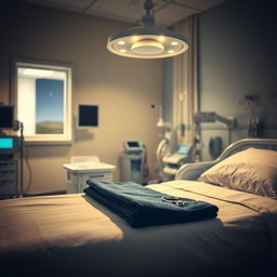 A hospital scene at night featuring a hospital bed in the foreground, illuminated by soft, warm overhead lights creating a calm and serene atmosphere