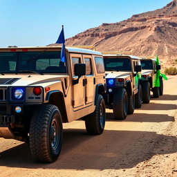 A convoy of military Hummer vehicles consisting of four cars lined up behind each other on a dusty road