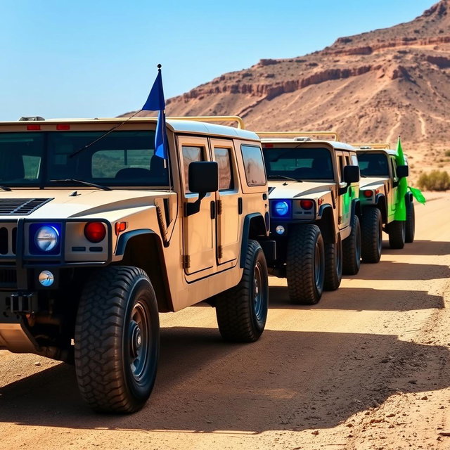 A convoy of military Hummer vehicles consisting of four cars lined up behind each other on a dusty road